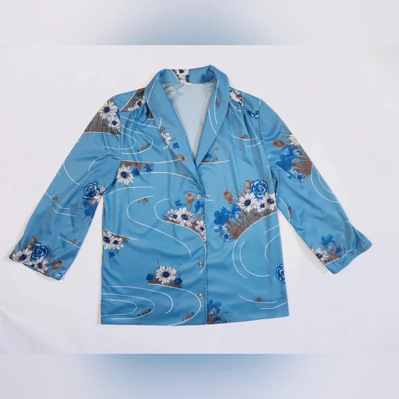 Vintage 70s Blue Silky Polyester Floral Daisy Poppy Top Shirt Women's Small - Picture 4 of 13